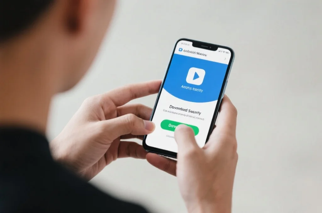 一位用户正用安卓手机浏览官方网站并点击下载按钮，画面突出应用下载安全提示和简洁操作界面