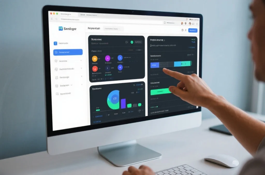 现代化桌面电脑屏幕上打开一个丰富功能的网页应用界面，用户正在多任务操作